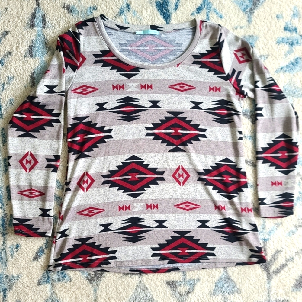 Maurcies Boho Aztec Print Long Sleeve Top, Gray, Black, Burgundy, Xlarge